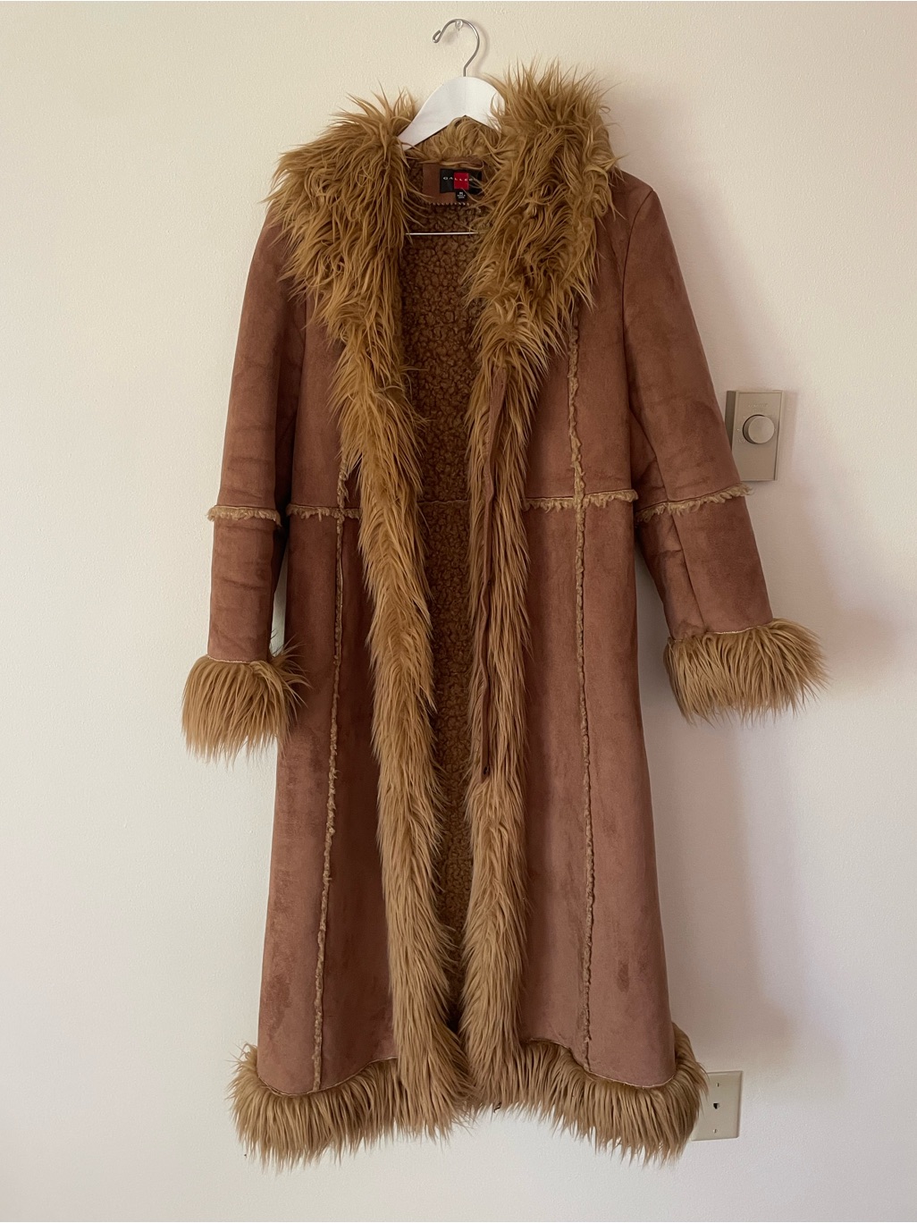 Gallery Vintage Y2k Cognac Brown Faux Suede Fur Trim Penny Lane Coat Medium